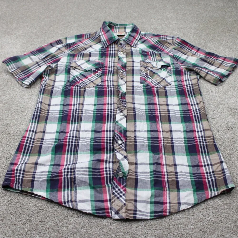 True Religion Pearl Snap Shirt Mens 2XL XXL Red/White/Green/Gray S/S 100% Cotton
